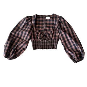 Urban Outfitters Large Checkered Puff Sleeve Smocked Top Front Tie Boho